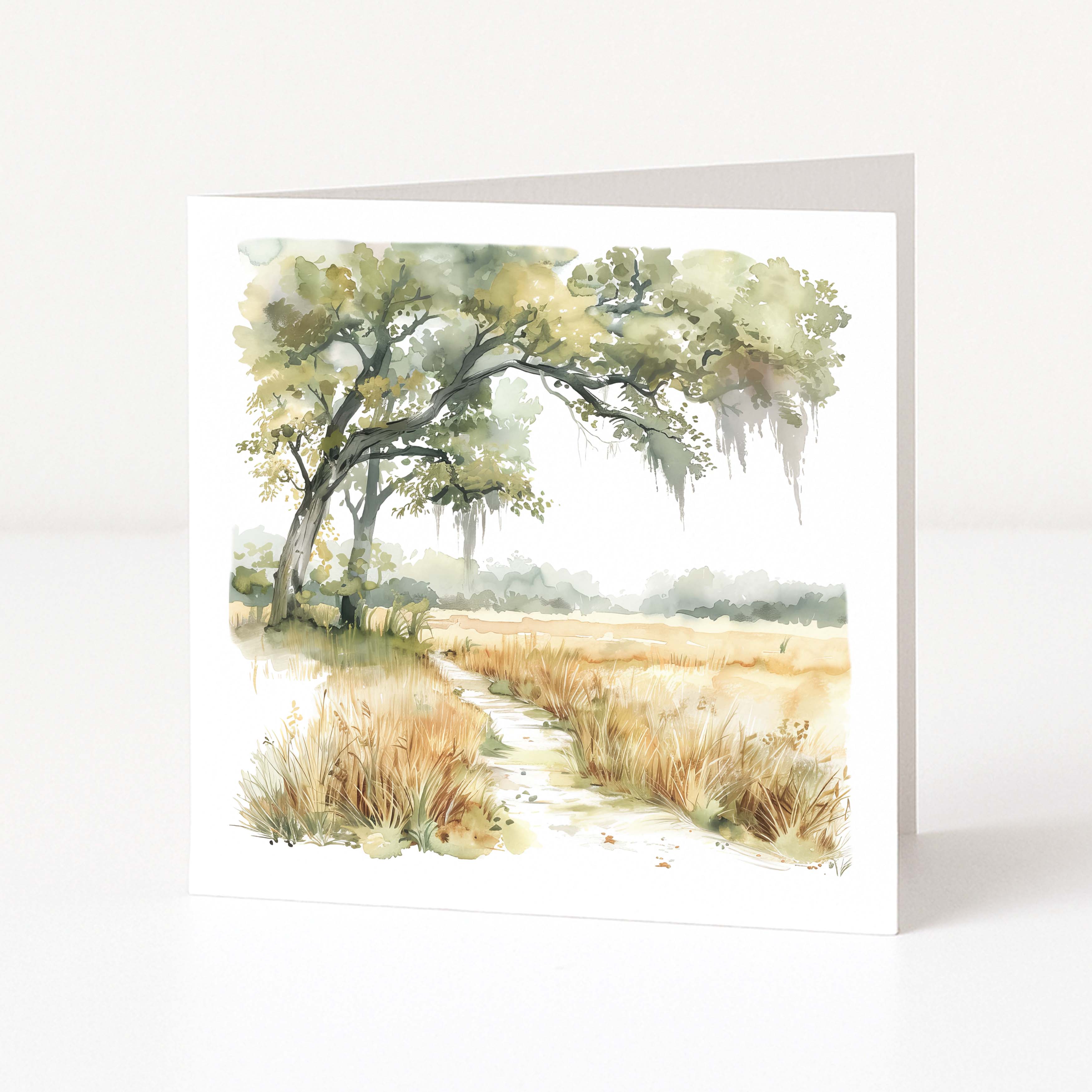 Greeting card with a scenic landscape of trees and a path on a white background