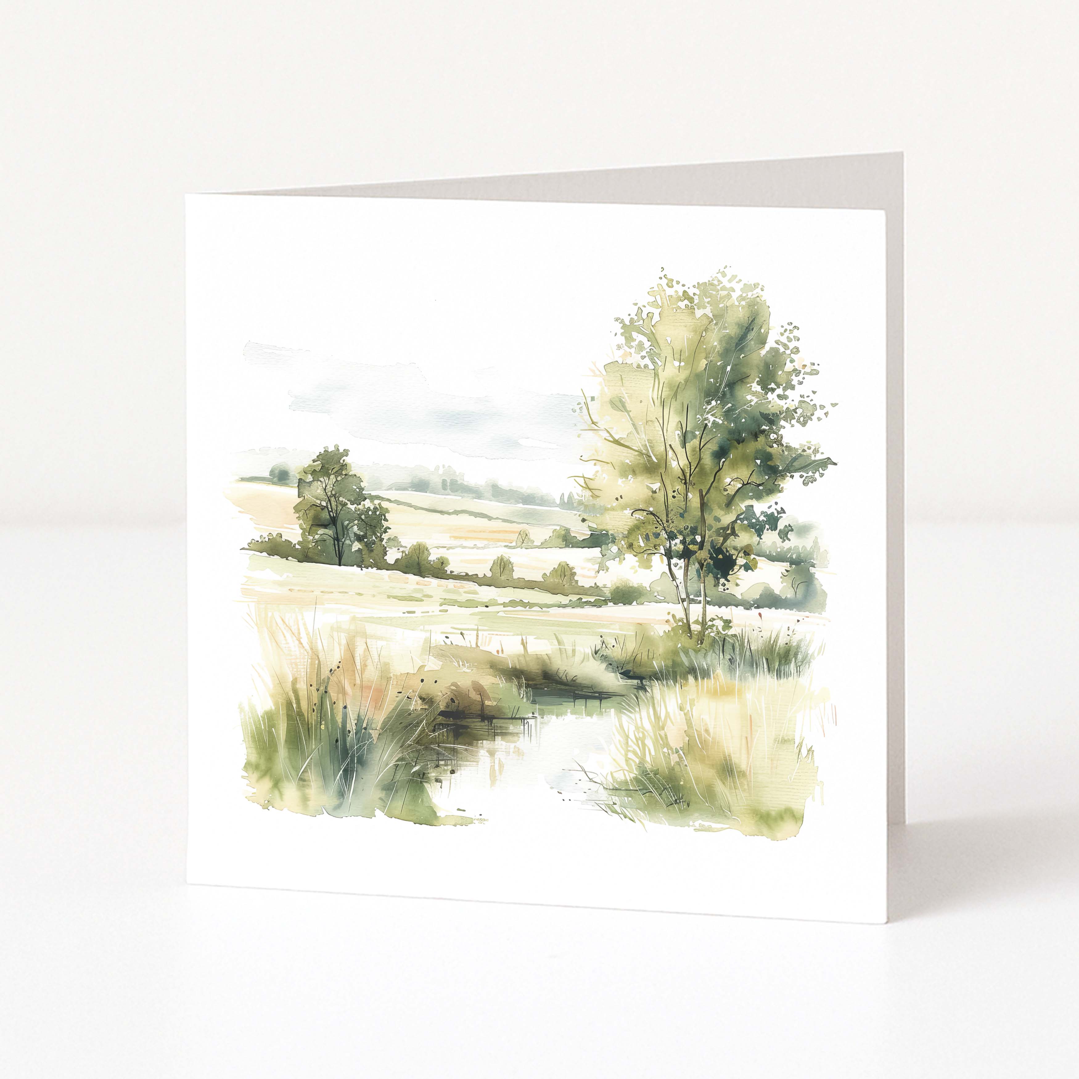 Greeting card with a watercolor landscape of trees and fields on a white background