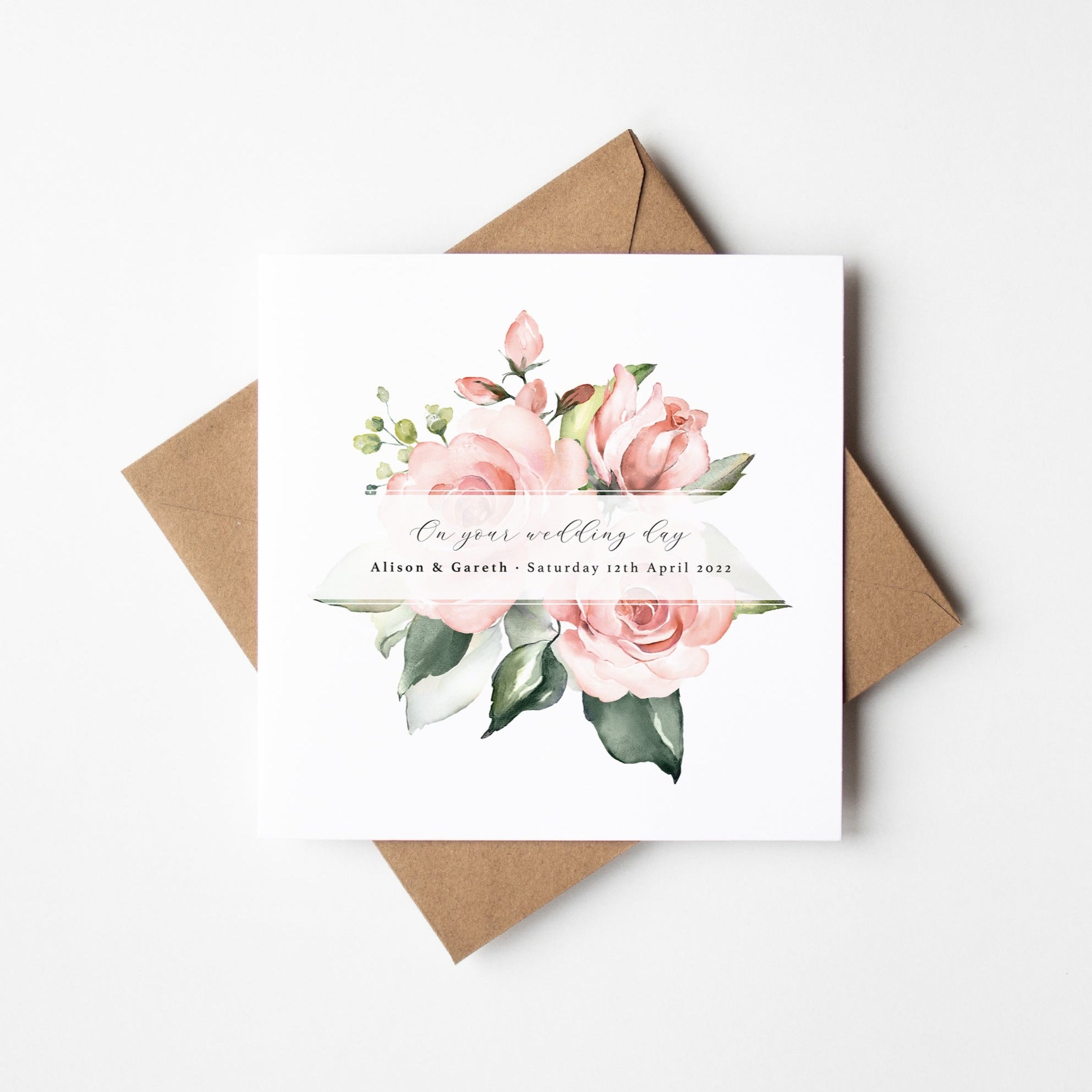 Pink Rose Personalised Wedding Day Card