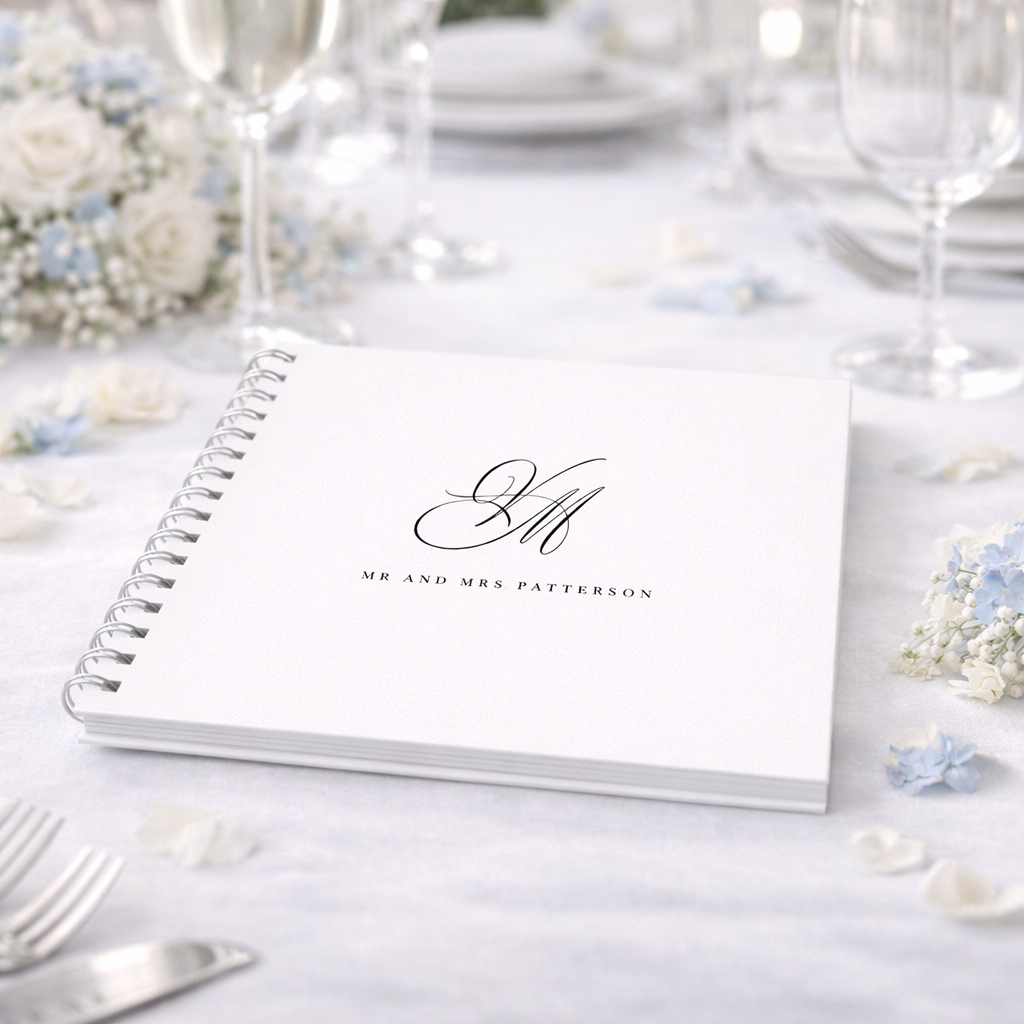 White guestbookk with personalized monogram on a decorative table setting
