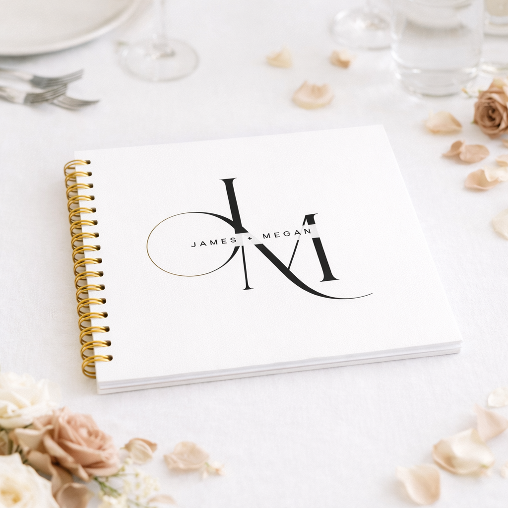 Guestbook with a monogram design on a table with flowers and glasses