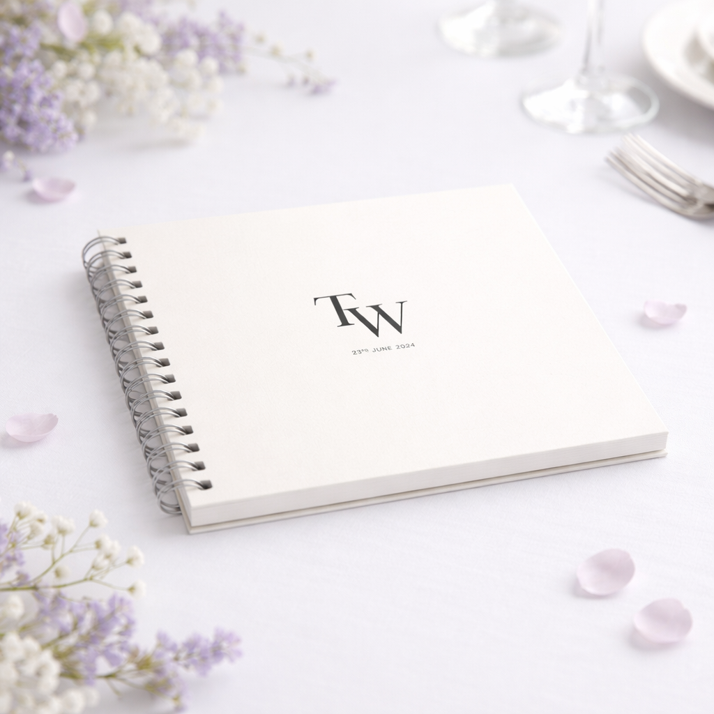 Guestbook with initials on a white surface with flowers and tea set