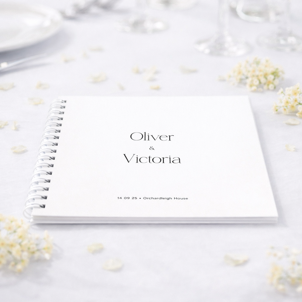Guestbook with 'Oliver & Victoria' on a light background with flowers