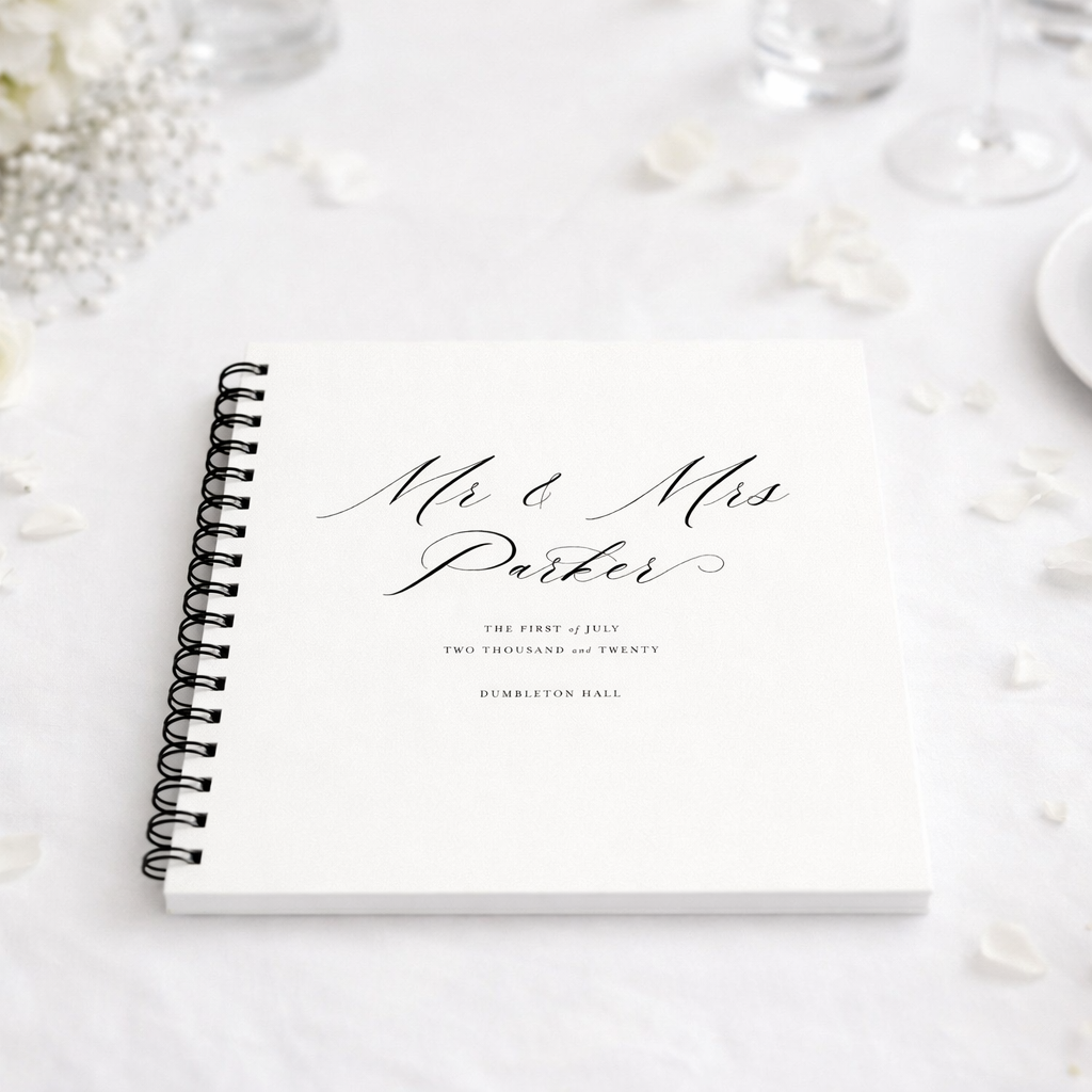White guestbook with black text on a white background