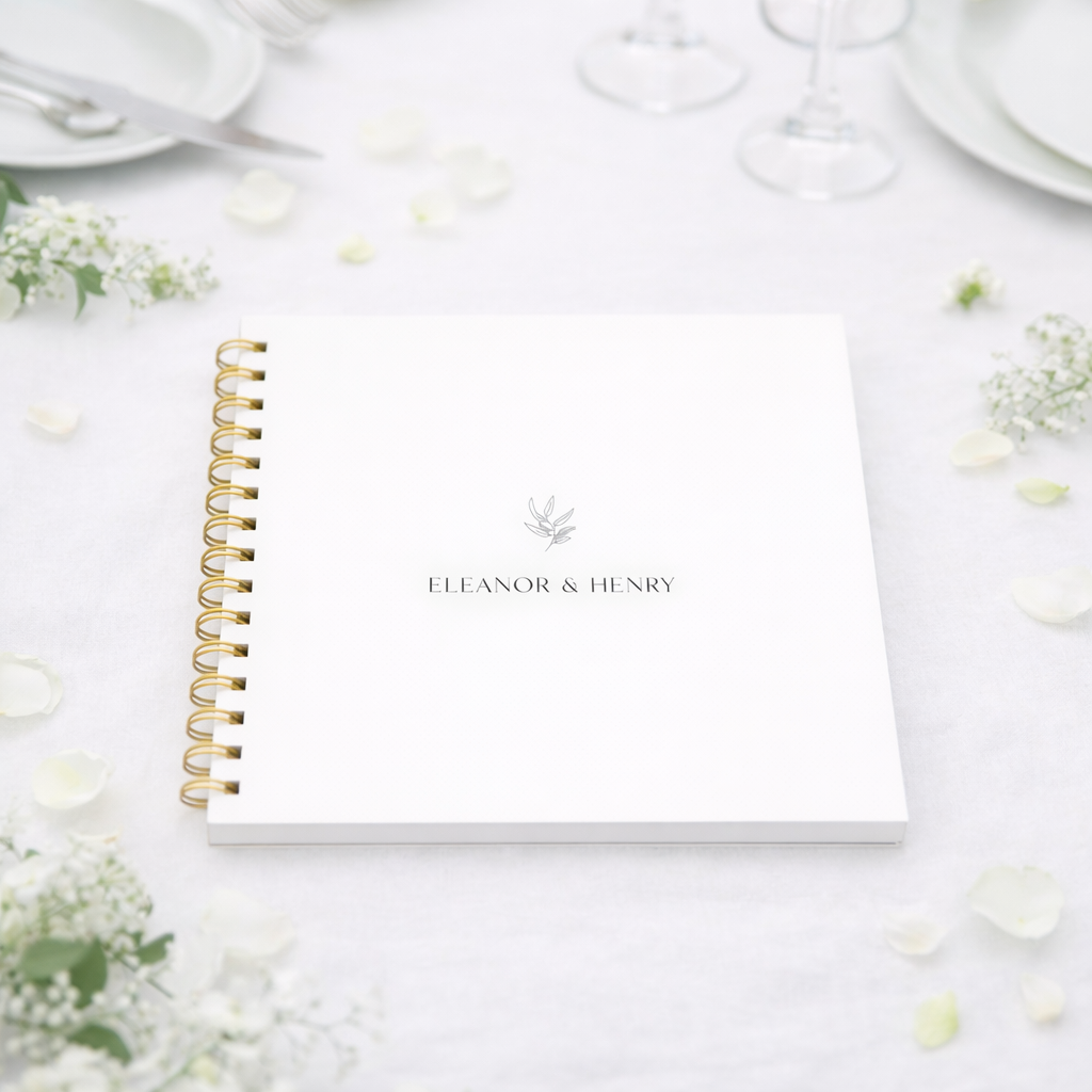 White guestbook with gold spiral binding on a white surface with floral decorations