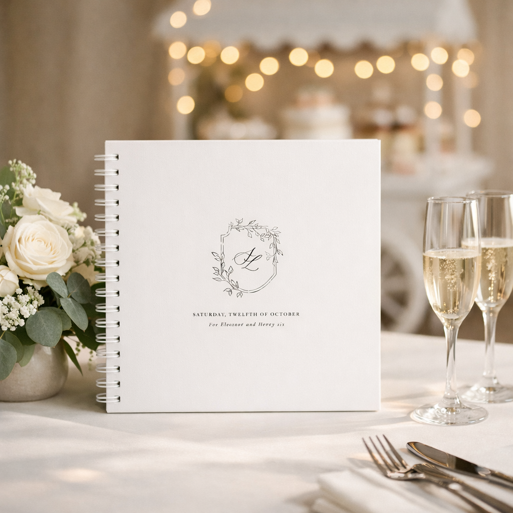 wedding guest book on wedding table with wine glasses and white binder