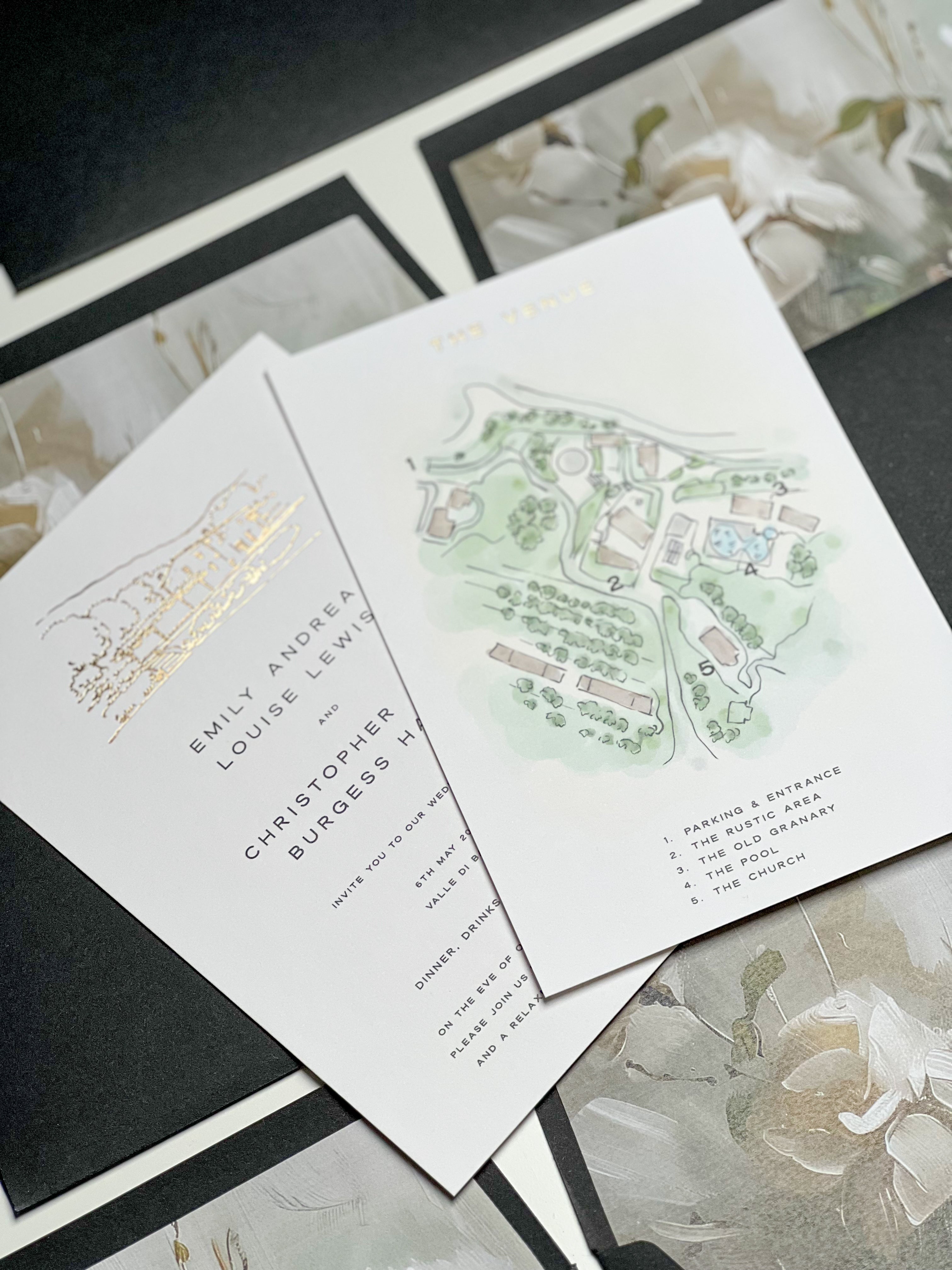 Wedding invitation card with gold text and a green landscape illustration on a textured surface.