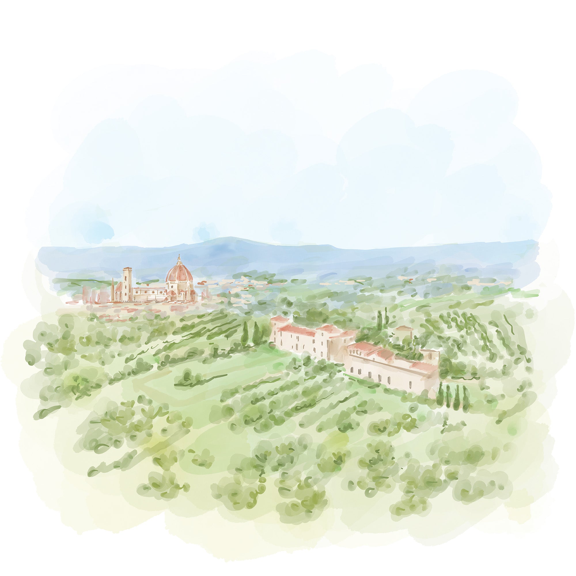 Watercolor painting of a scenic landscape with buildings and greenery