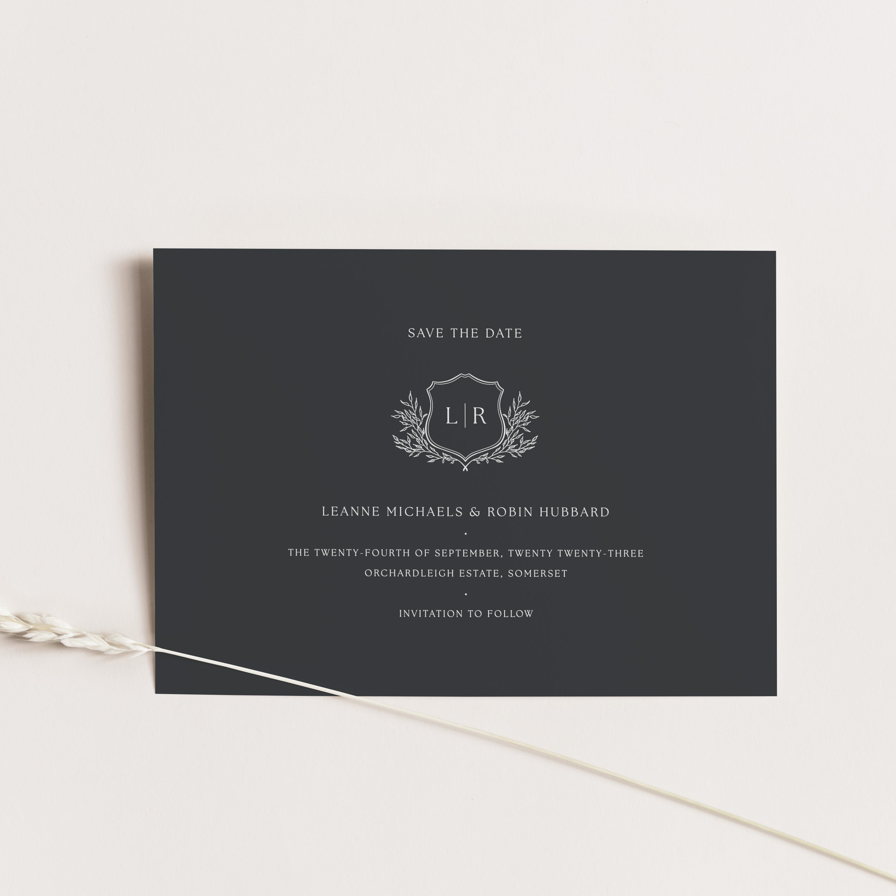 Monogram Crest Traditional Save the Date Card in Slate with White Ink - Westminster Collection, Elle Bee Design