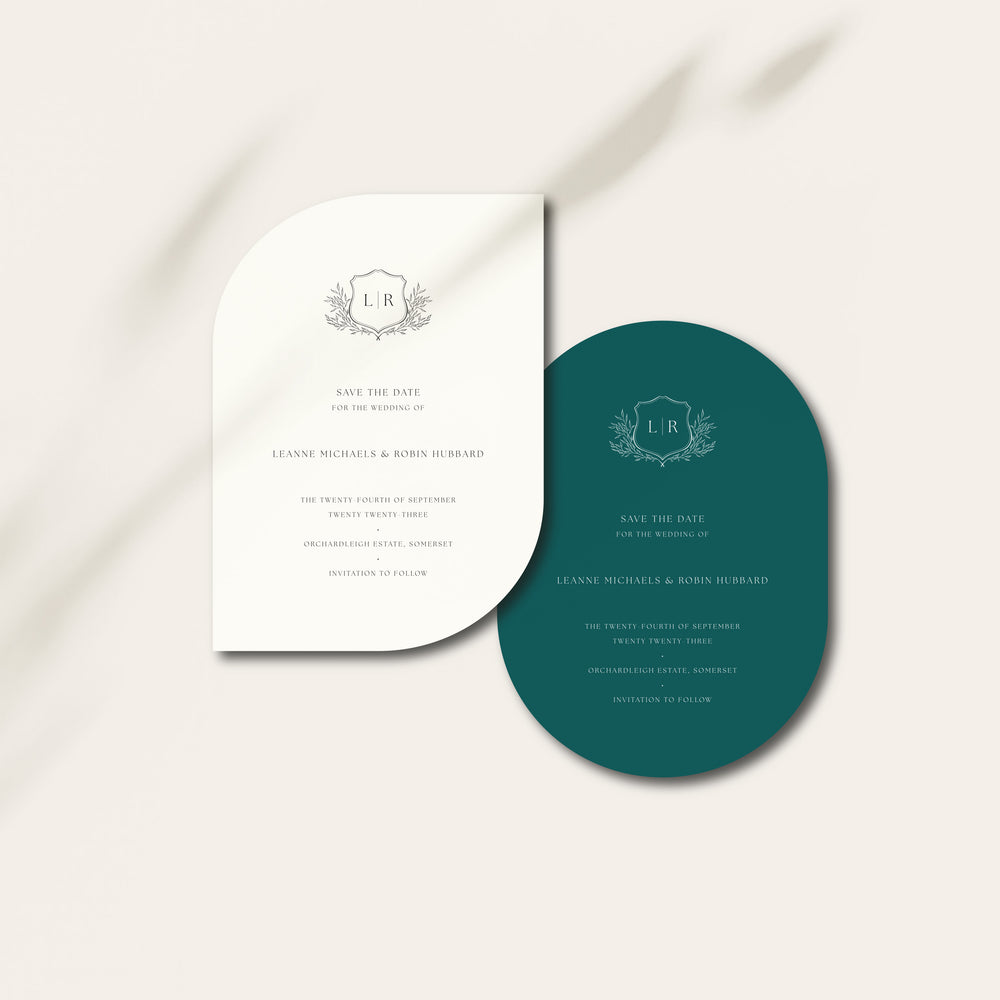 White and Teal Modern Monogram Shaped Save the Date Cards - Westminster Collection, Elle Bee Design