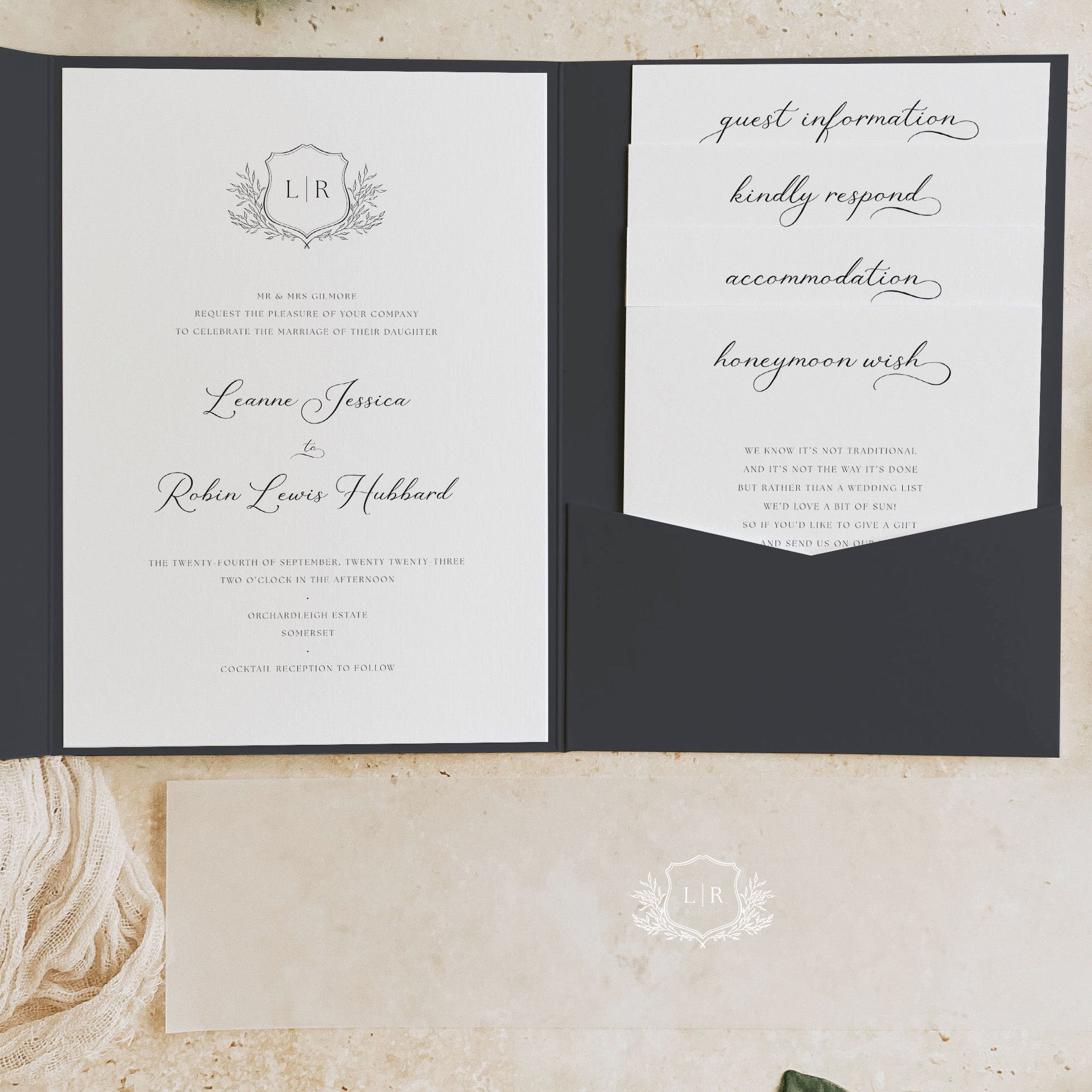 Monogram Crest Pocketfold Wedding Invitation Suite - Westminster Collection, Elle Bee Design