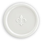 white wedding wax seal with fleur de lis emblem