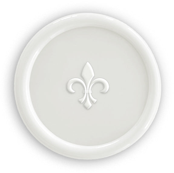 white wedding wax seal with fleur de lis emblem