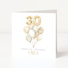 Greeting card with balloons and '30' for a 30th birthday, personalised with 'Orla'.