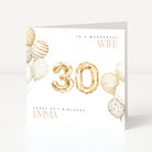 Greeting card with gold balloons and '30' for a 30th birthday celebration.