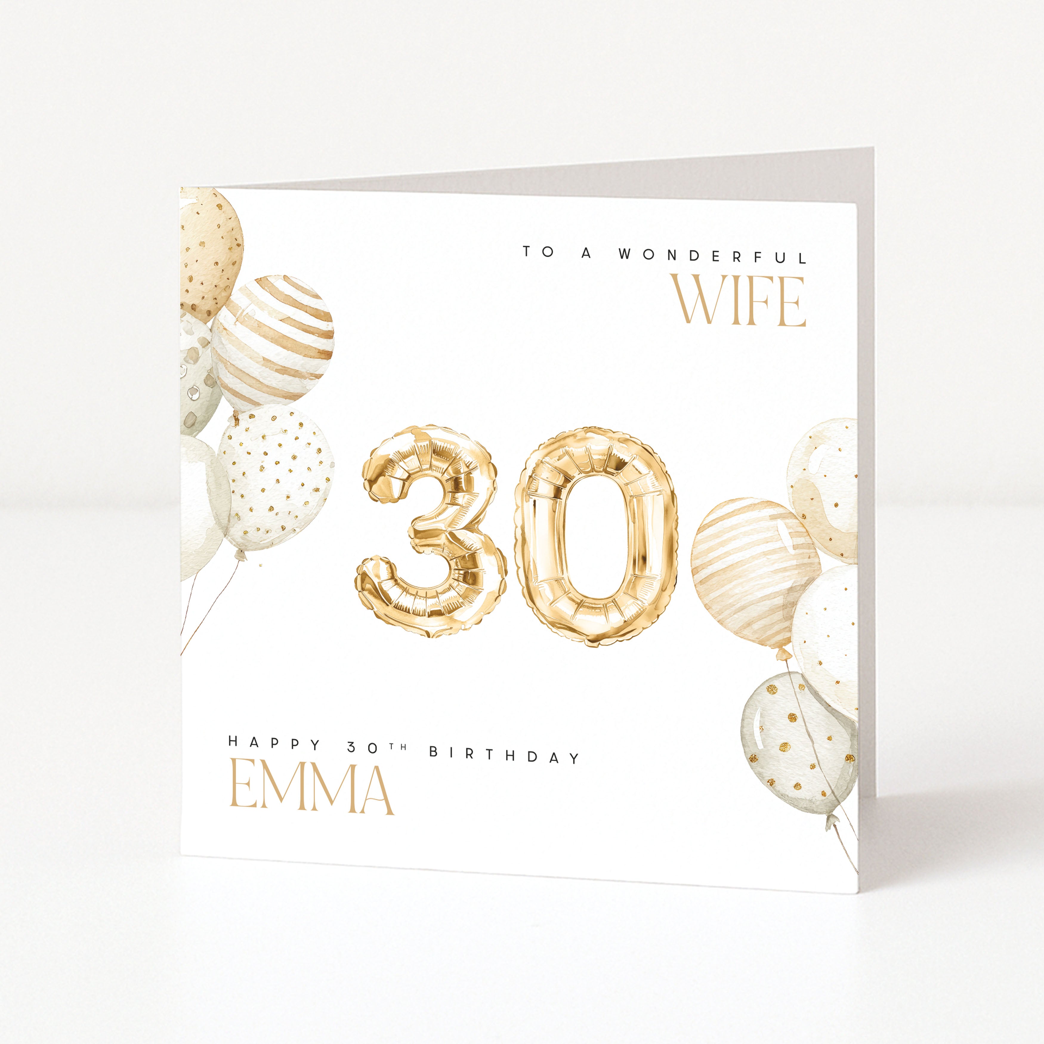 Greeting card with gold balloons and '30' for a 30th birthday celebration.