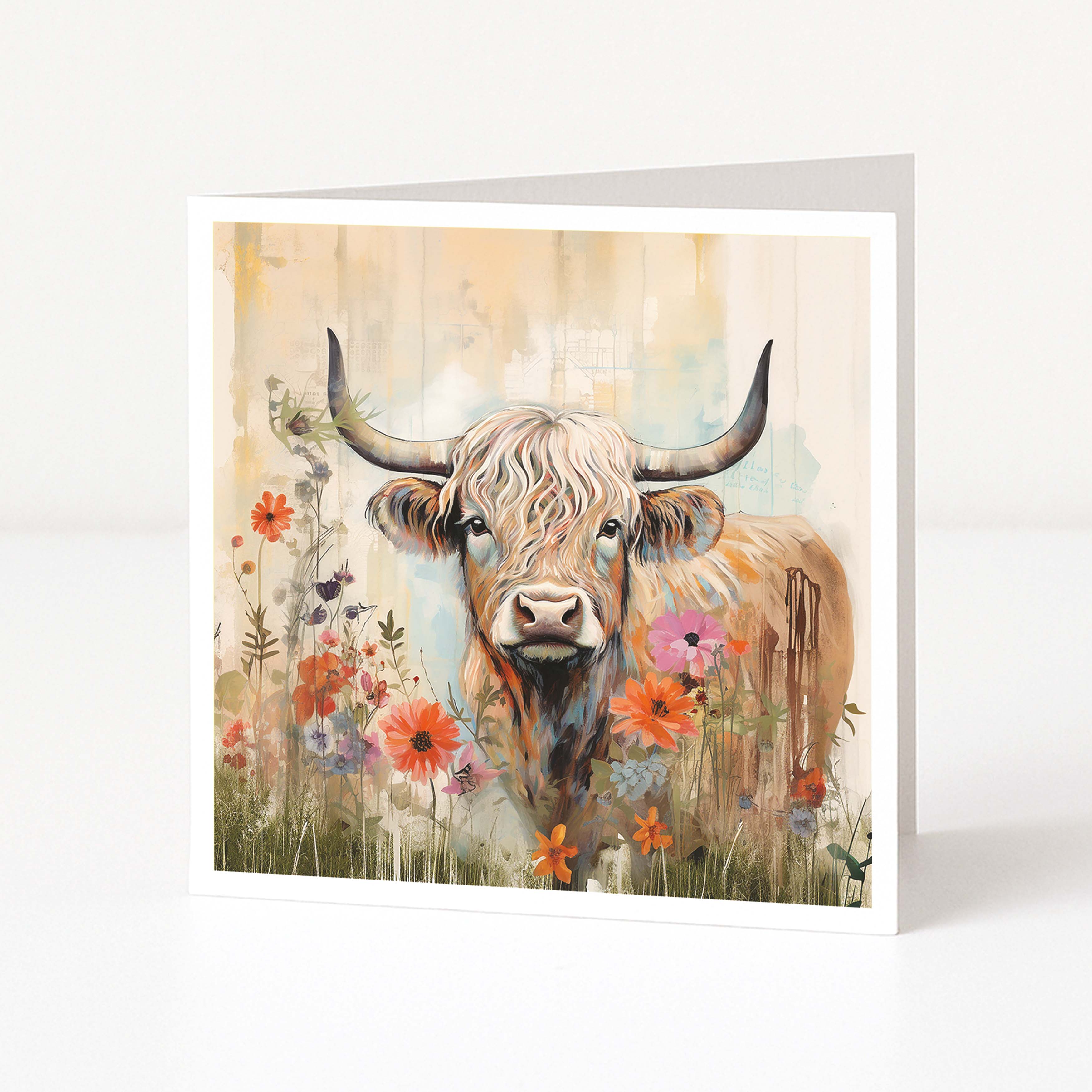 Greeting card with a painted Highland Cow surrounded by flowers on a white background