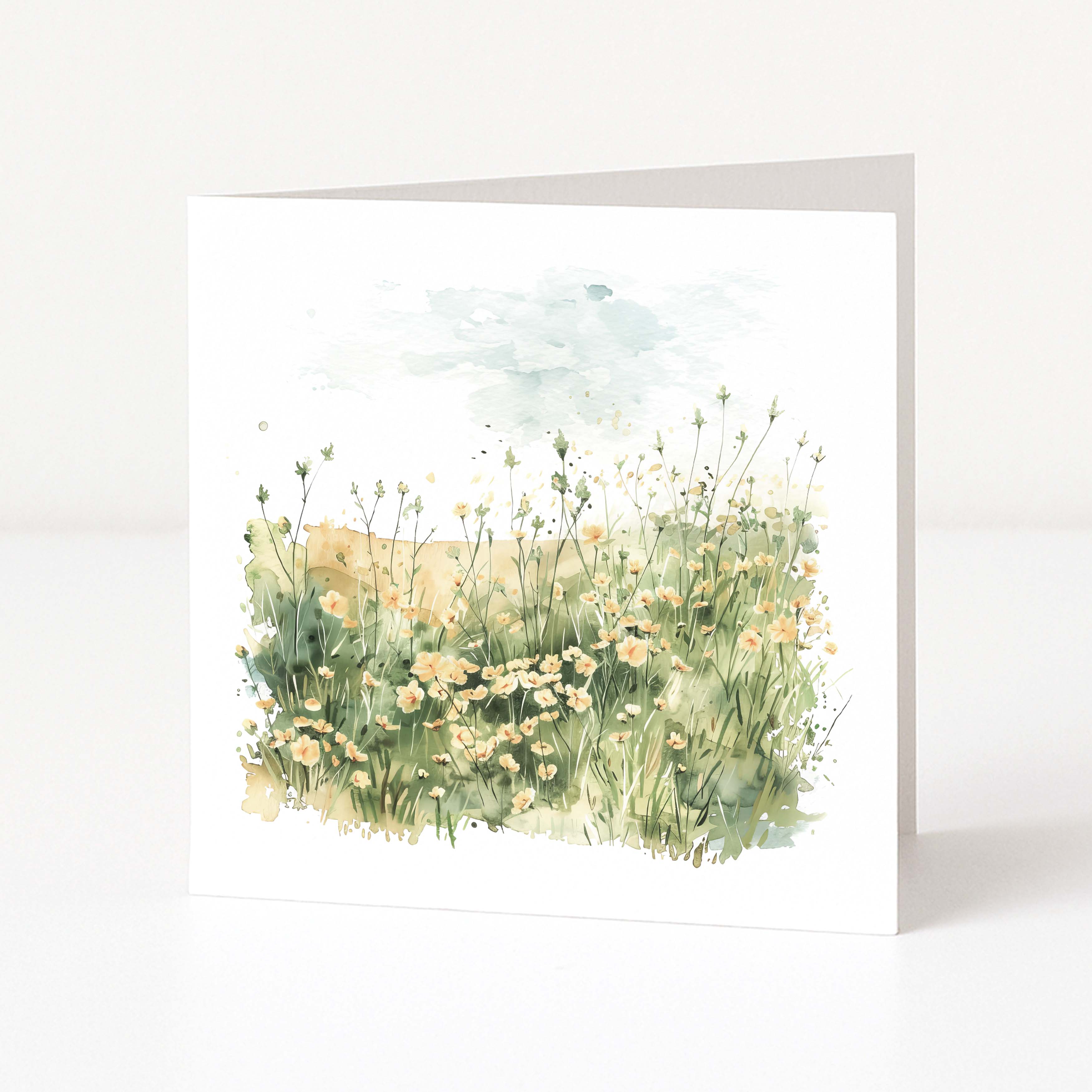 Greeting card with watercolor illustration of a field of flowers on a white background