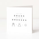 Card with text 'Let's get drunk and try on dresses' and icons on a white background