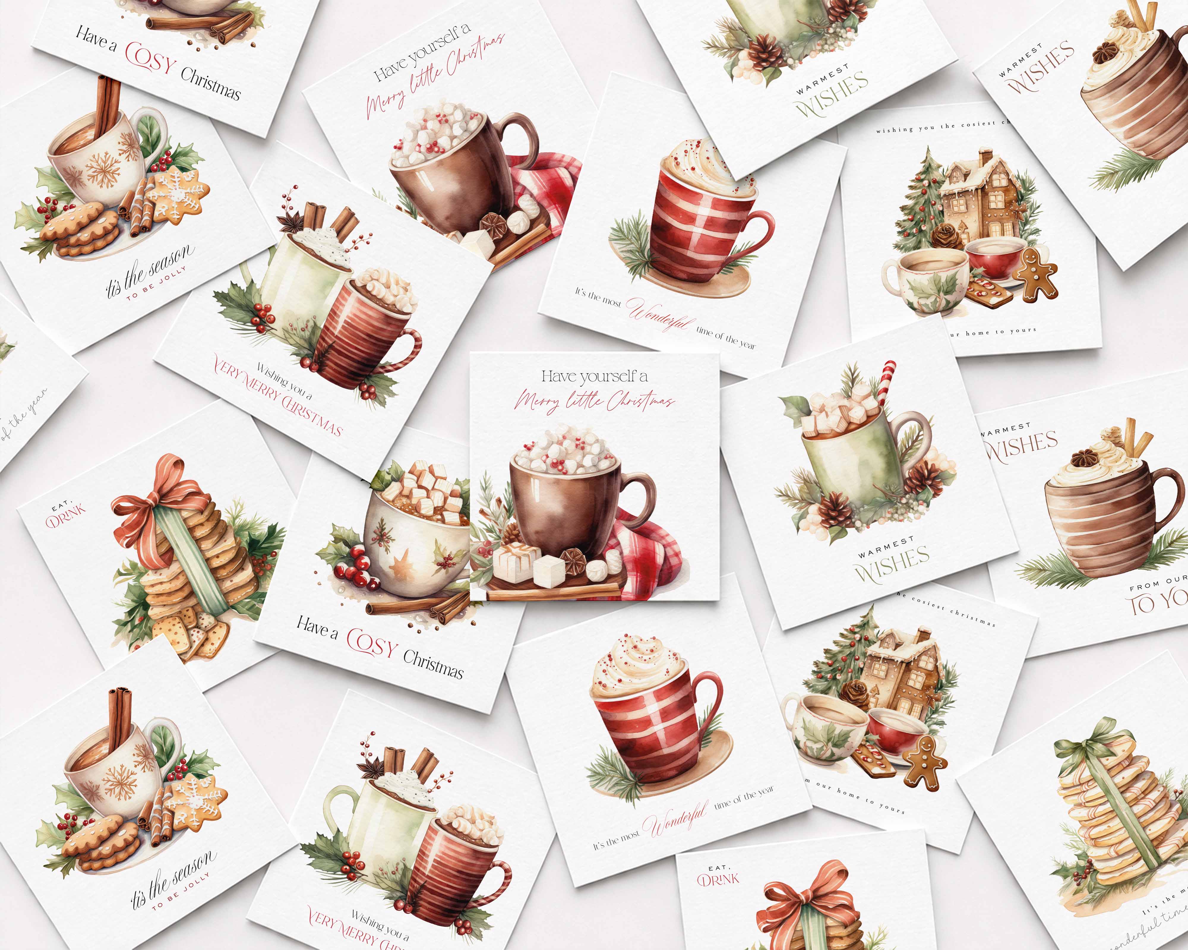 A flat lay of white square Christmas cards featuring watercolour-style artwork of mugs of drinks, marshmellows and cookies alongside festive sentiments, all on a white background.