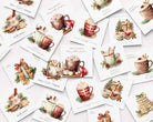 A flat lay of white square Christmas cards featuring watercolour-style artwork of mugs of drinks, marshmellows and cookies alongside festive sentiments, all on a white background.