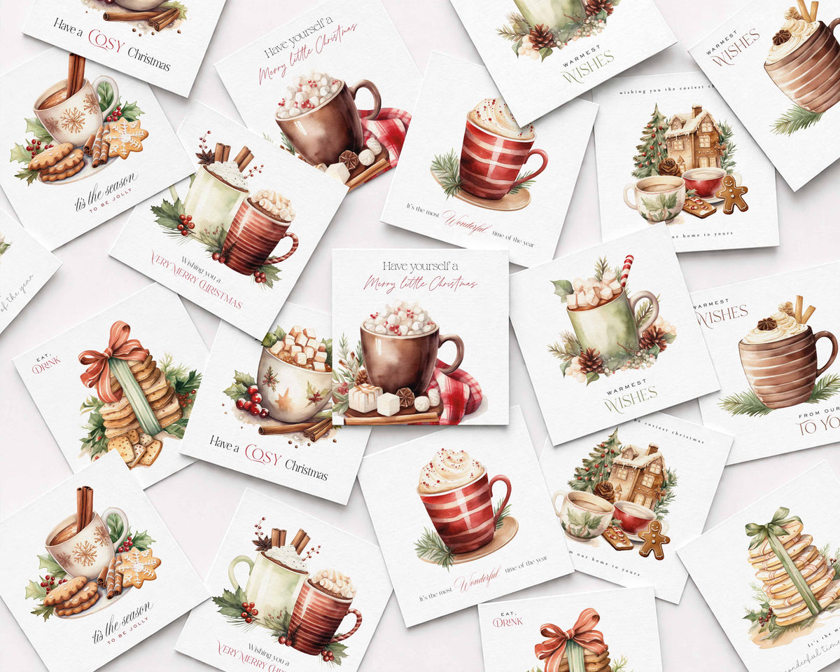A flat lay of white square Christmas cards featuring watercolour-style artwork of mugs of drinks, marshmellows and cookies alongside festive sentiments, all on a white background.