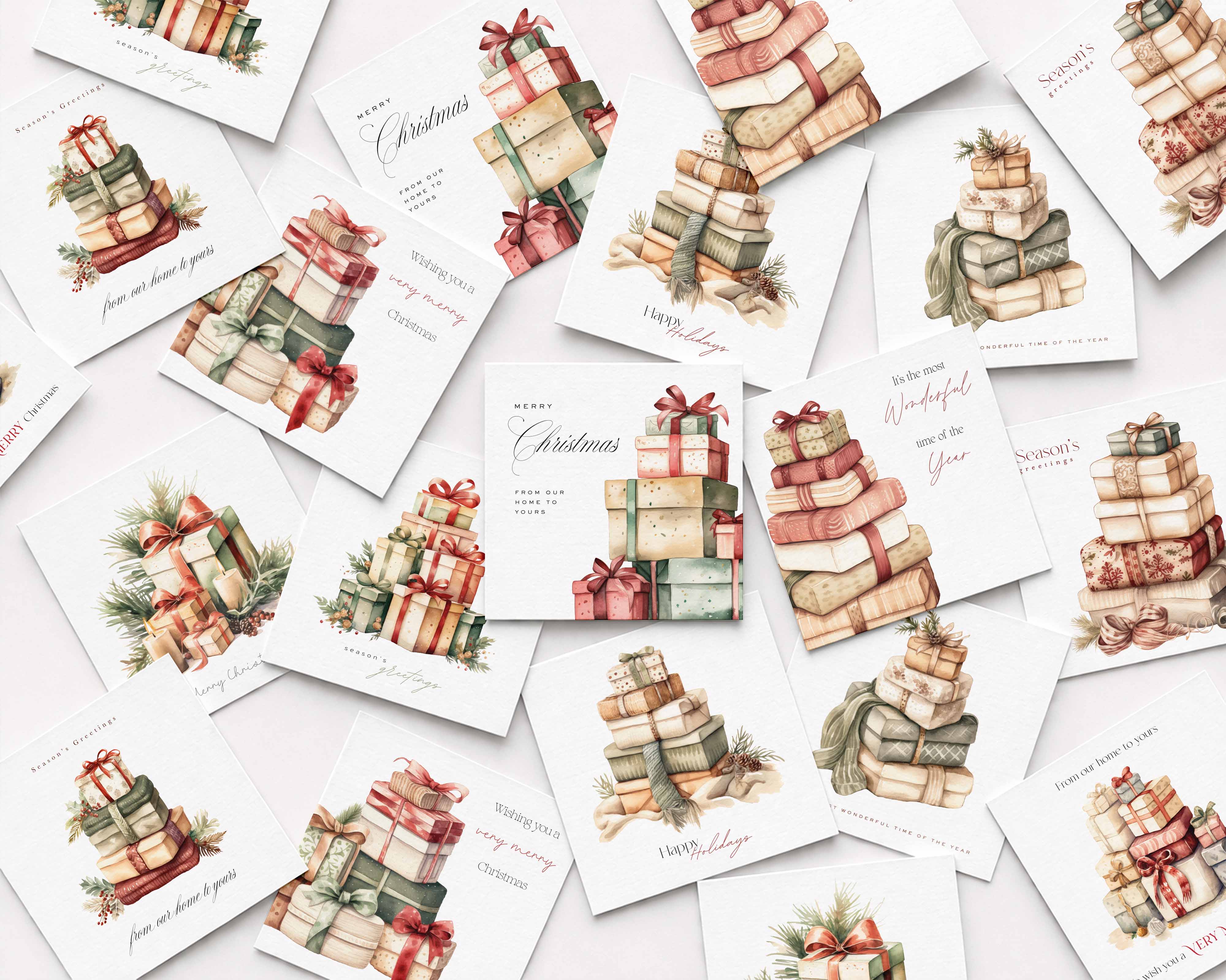 A collage of white Christmas greeting cards scattered on a light background, each featuring watercolor illustrations of stacked gift boxes, ribbons, and holiday text such as 'Merry Christmas' and 'Happy New Year'.