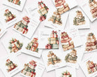 A collage of white Christmas greeting cards scattered on a light background, each featuring watercolor illustrations of stacked gift boxes, ribbons, and holiday text such as 'Merry Christmas' and 'Happy New Year'.