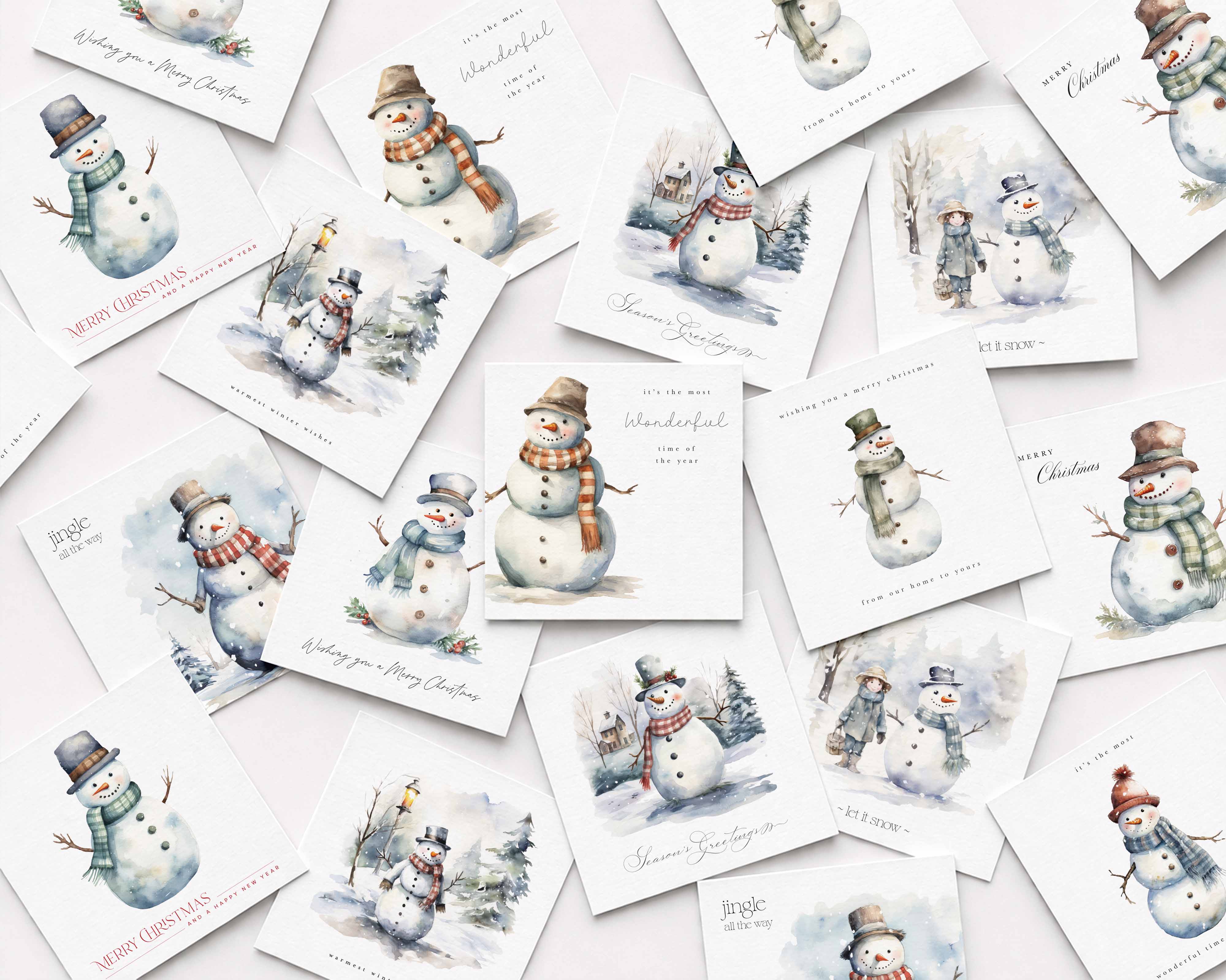 A scattered arrangement of square Christmas greeting cards featuring watercolor illustrations of snowmen in winter scenes, with phrases like 'Merry you a Happy Christmas' and 'Wonderful Christmas.'.