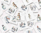A scattered arrangement of square Christmas greeting cards featuring watercolor illustrations of snowmen in winter scenes, with phrases like 'Merry you a Happy Christmas' and 'Wonderful Christmas.'.