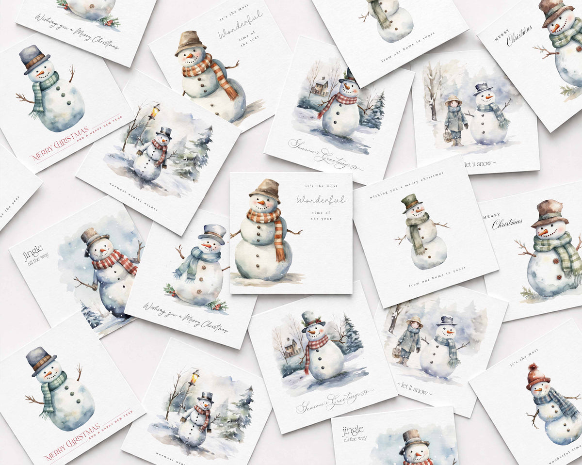 A scattered arrangement of square Christmas greeting cards featuring watercolor illustrations of snowmen in winter scenes, with phrases like 'Merry you a Happy Christmas' and 'Wonderful Christmas.'.