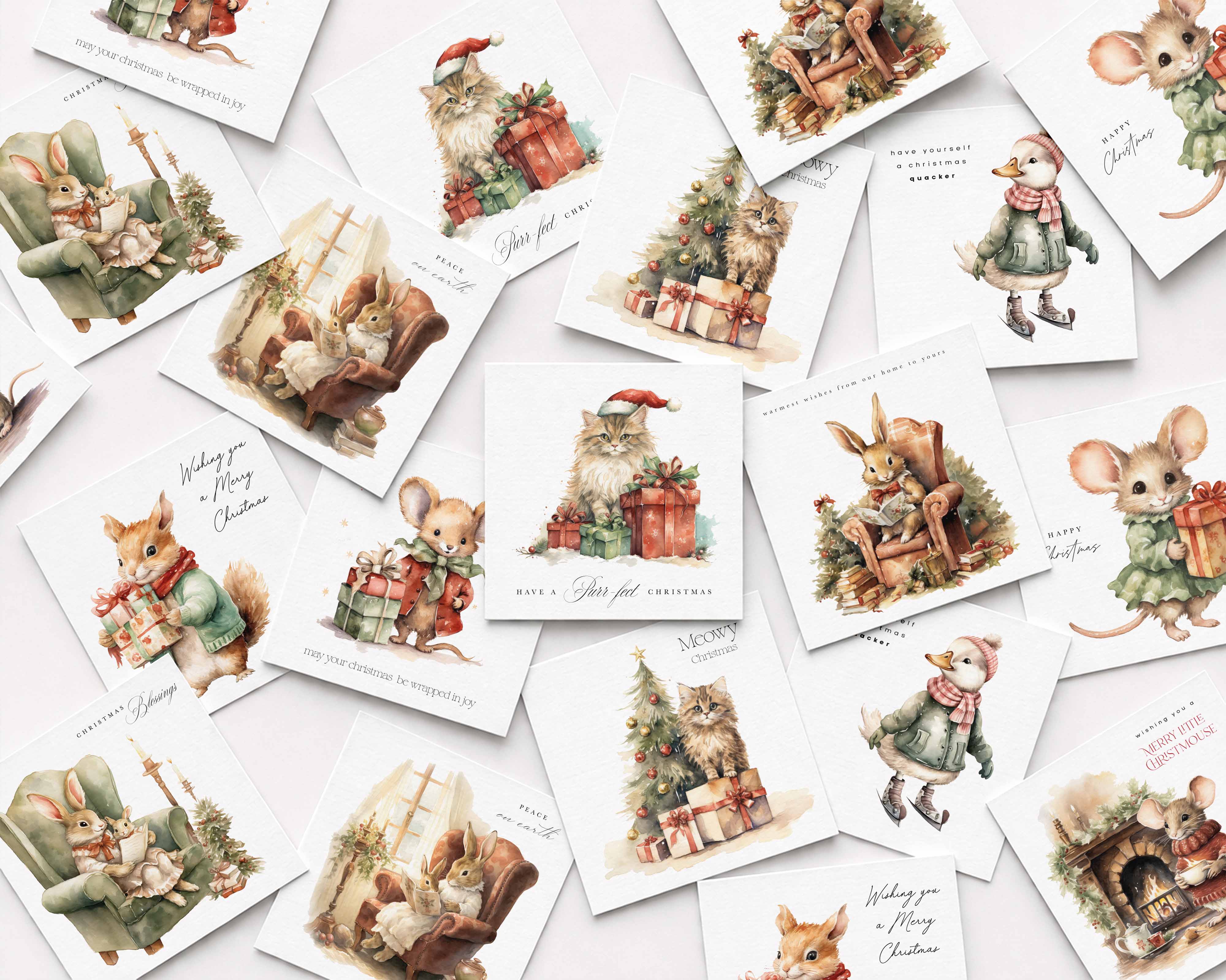 A scattered arrangement of vintage-style Christmas greeting cards featuring illustrated animals such as rabbits, mice, a squirrel, and a goose around Christmas trees, gifts, and cozy holiday scenes on a white background.