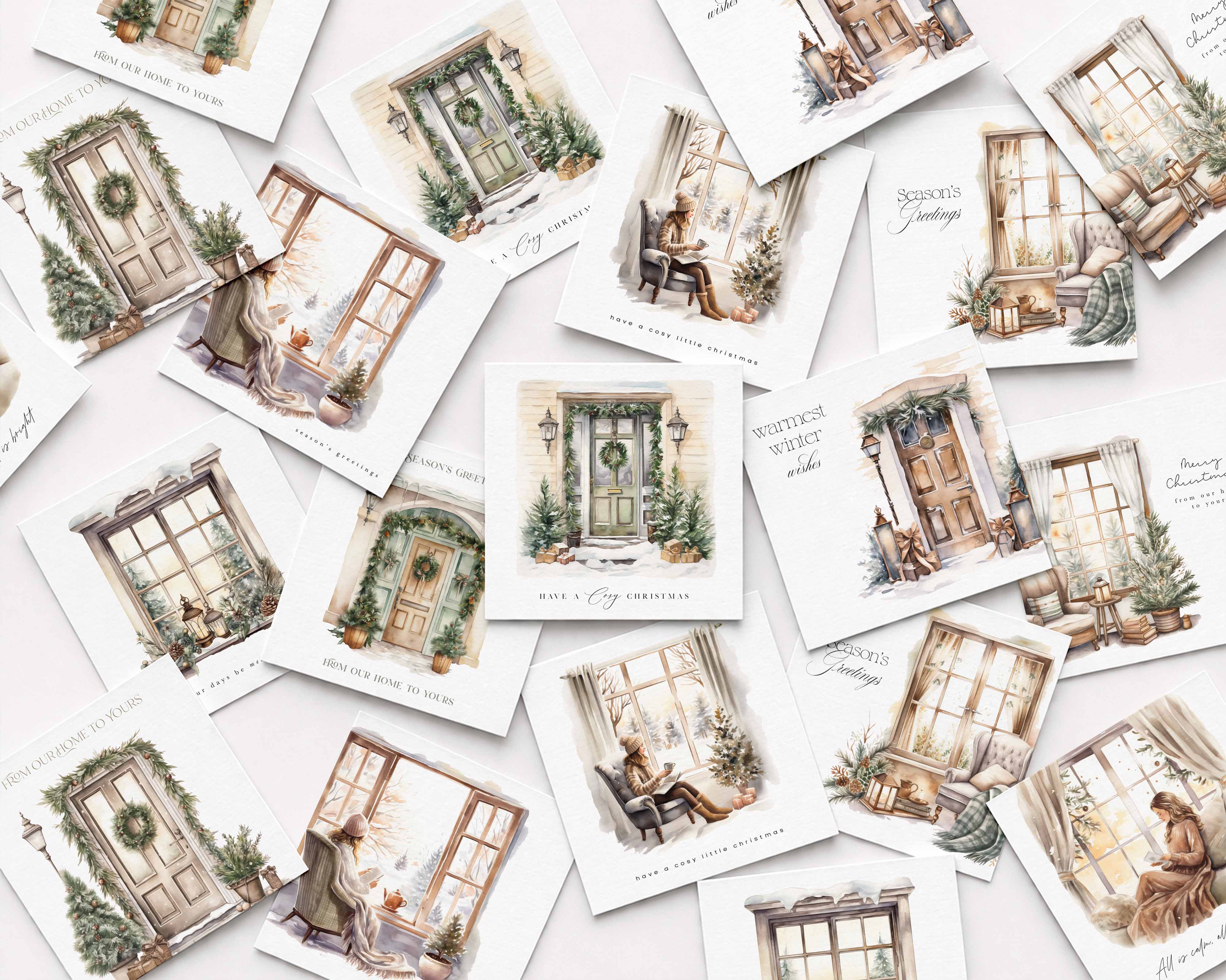 A collage of vintage-style illustrated postcards or art prints scattered on a white background, featuring watercolor winter scenes with doors, windows, plants, and cozy interior details.
