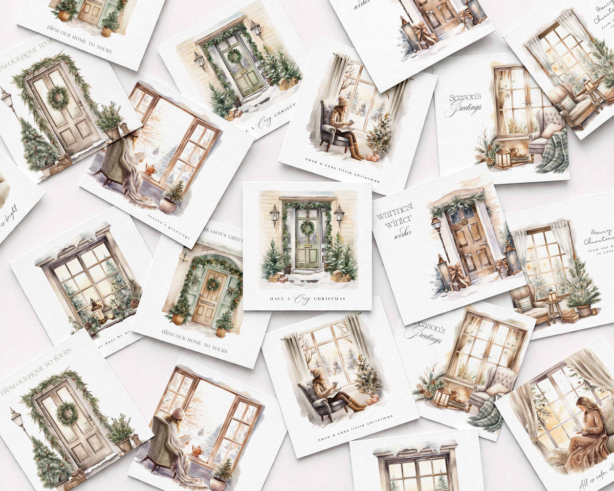A collage of vintage-style illustrated postcards or art prints scattered on a white background, featuring watercolor winter scenes with doors, windows, plants, and cozy interior details.