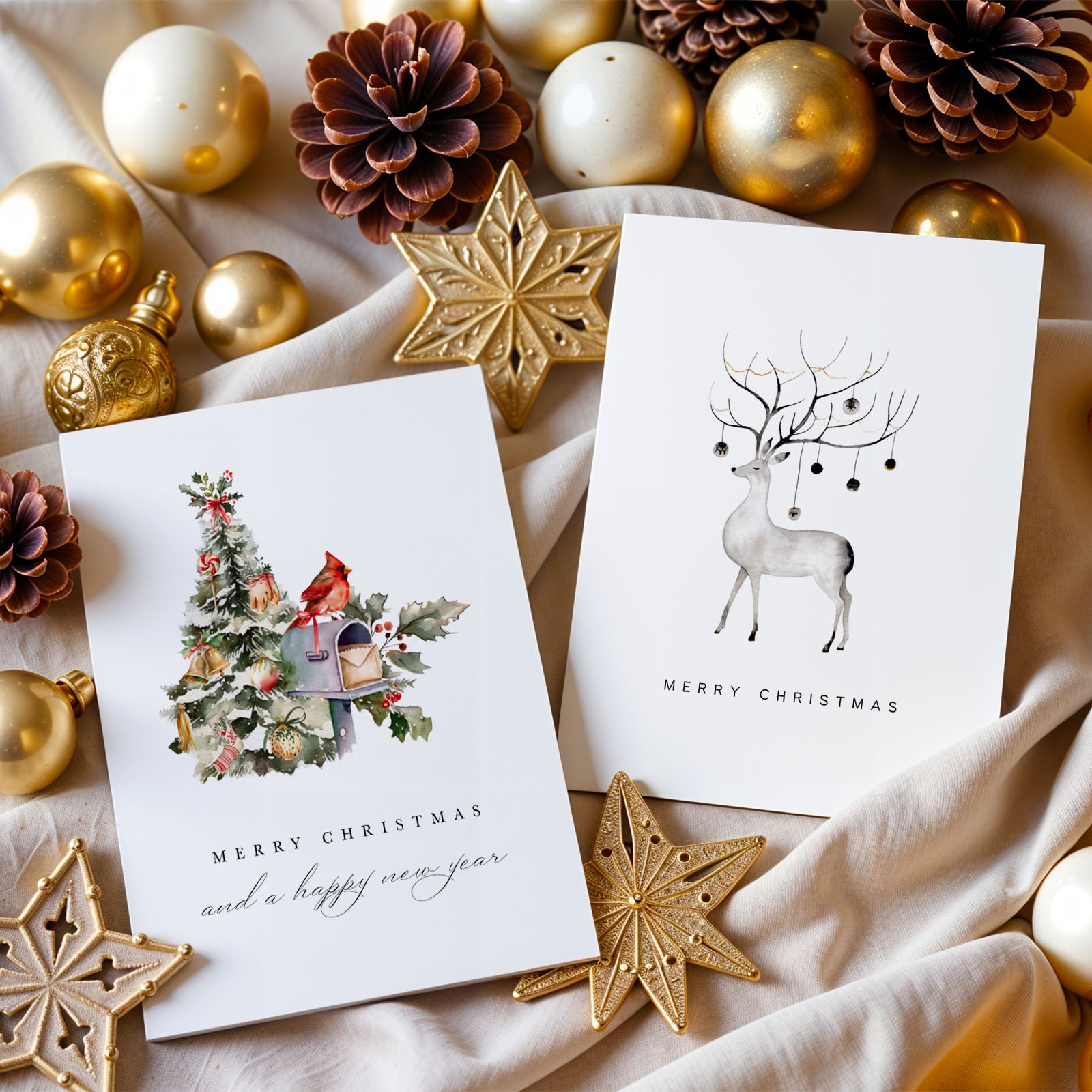 Two Christmas cards with festive designs surrounded by gold ornaments and pine cones on a beige fabric background.