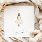 Invitation card for flower girl proposal with a young girl in a dress on a textured fabric background.