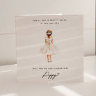 Card with illustration of a girl in a flower girl dress and text on a white background