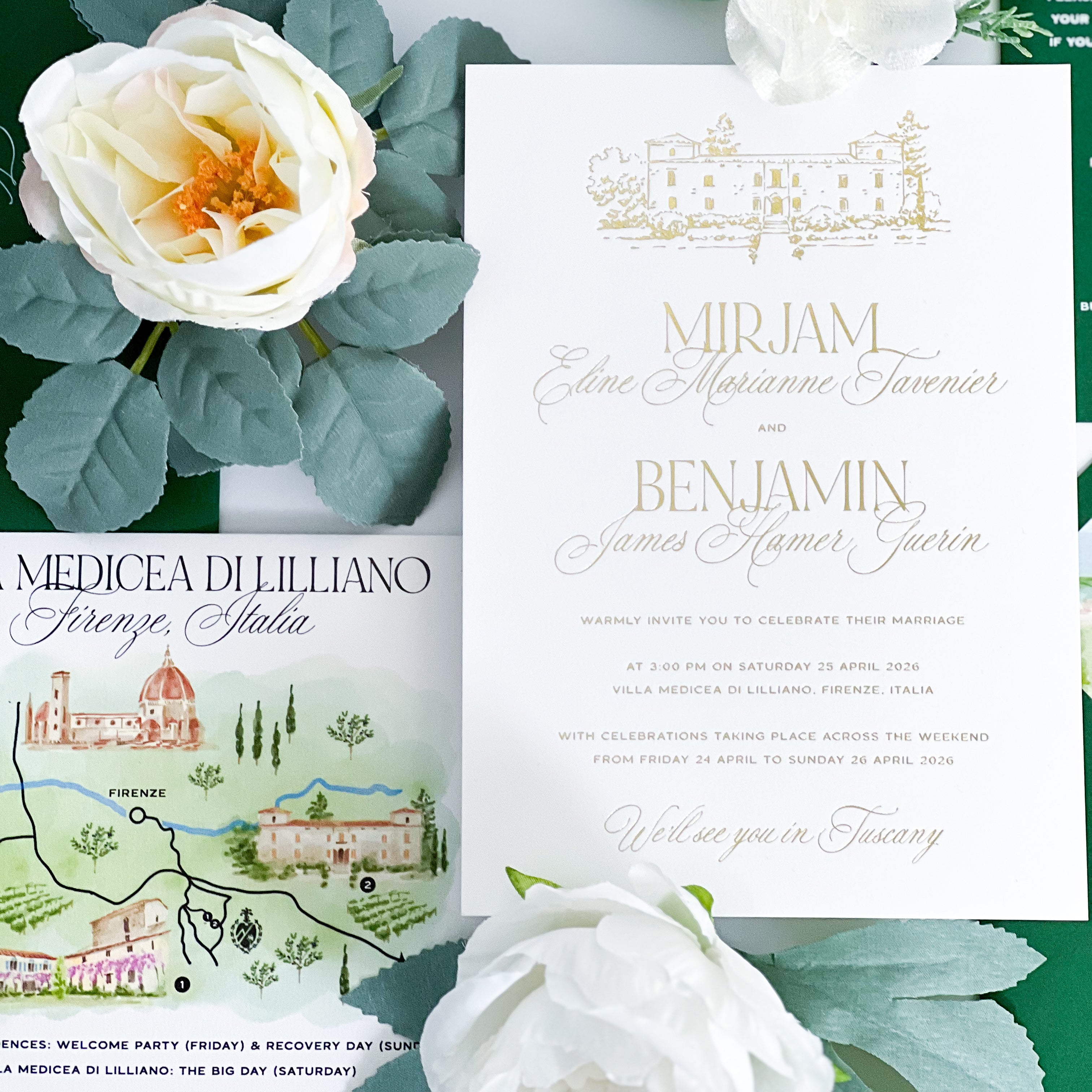 Wedding invitation card with floral design and map of Medicea di Lilliano, Florence, Italy.