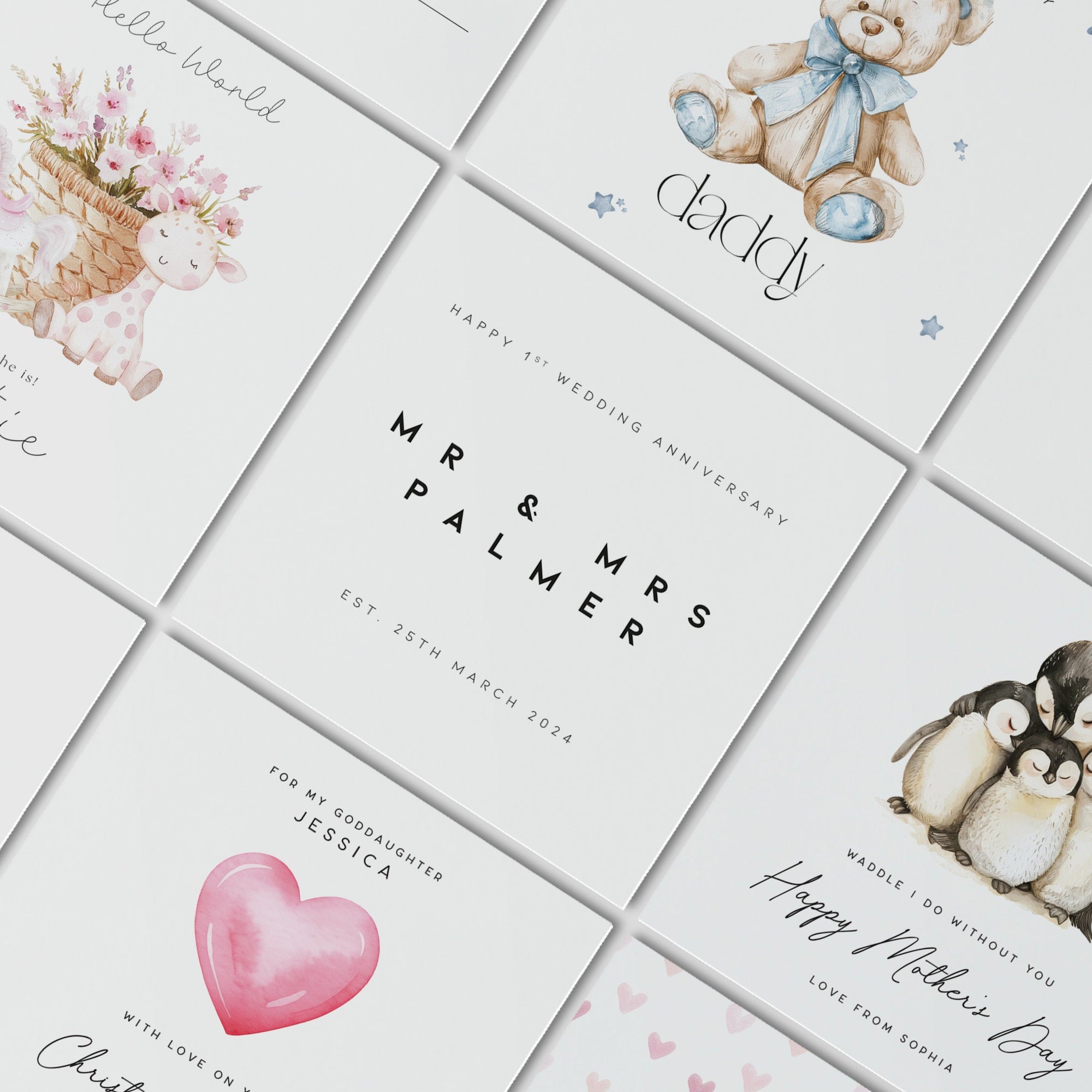 flat lay of multiple greetings cards with different sentiments on white card laid out diagonally
