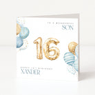 Greeting card with gold '16' balloons and personalized text on a white background