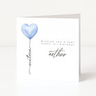 Greeting card with blue heart balloon and personalized text on a white background