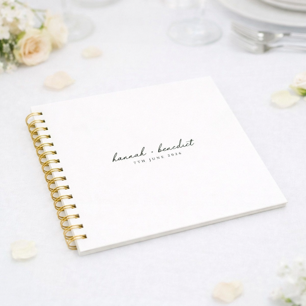 white square guest book on white table cloth with glassware and ivory flower petals