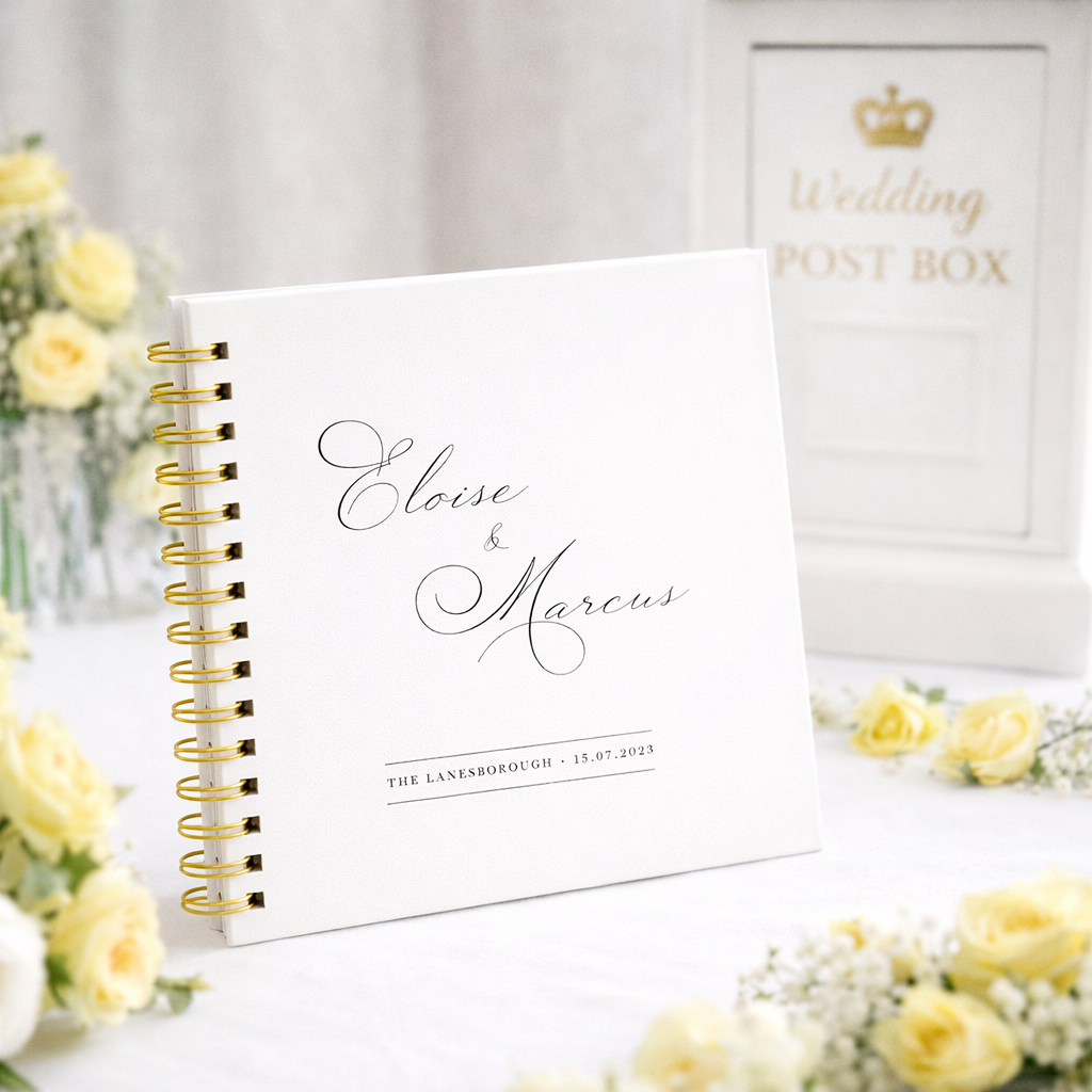 white guest book with gold ring binder with pastel yellow flowers