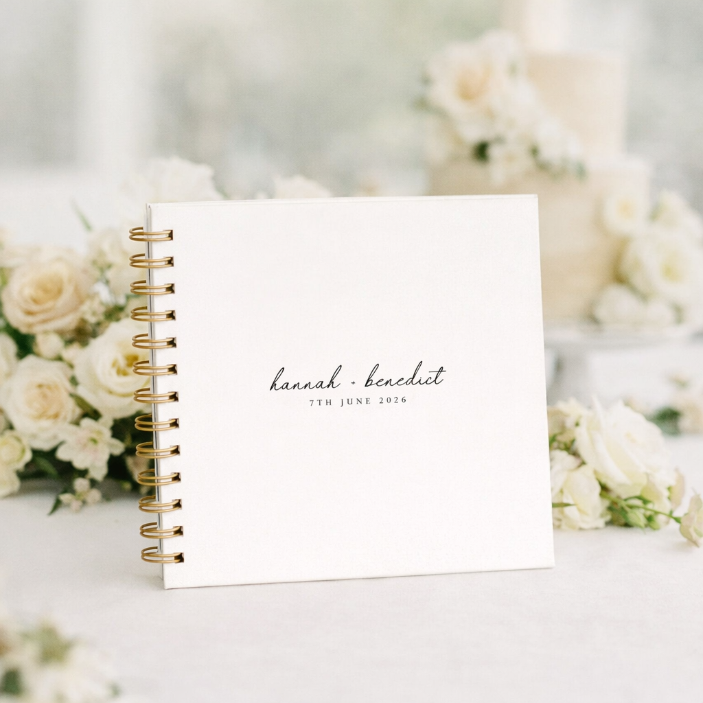 white wedding guest book leant up against ivory and white flowers