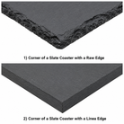 Two corners of slate coasters with raw and linea edges on a white background