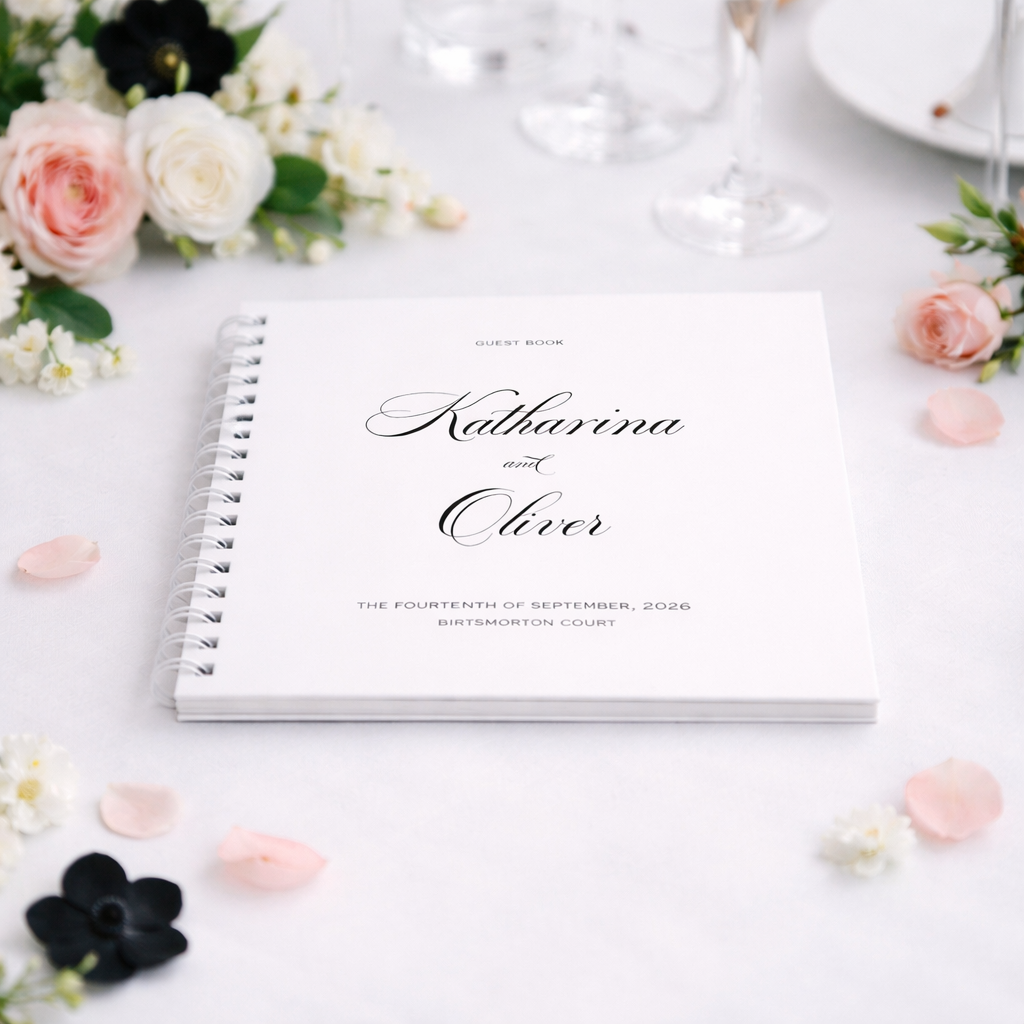 white guest book on white table cloth with black and pink petals and glassware