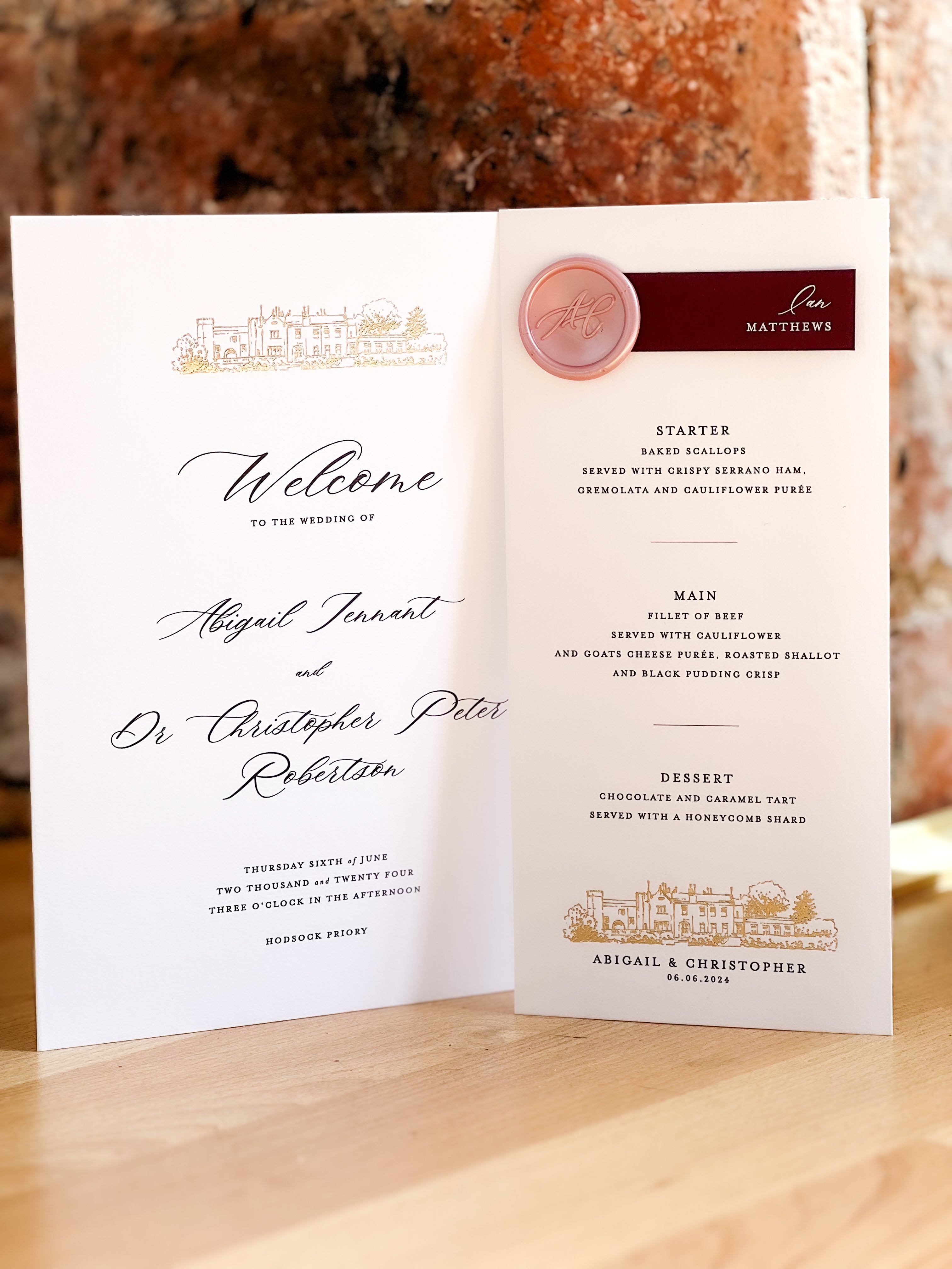 Wedding menu with elegant design on a wooden surface