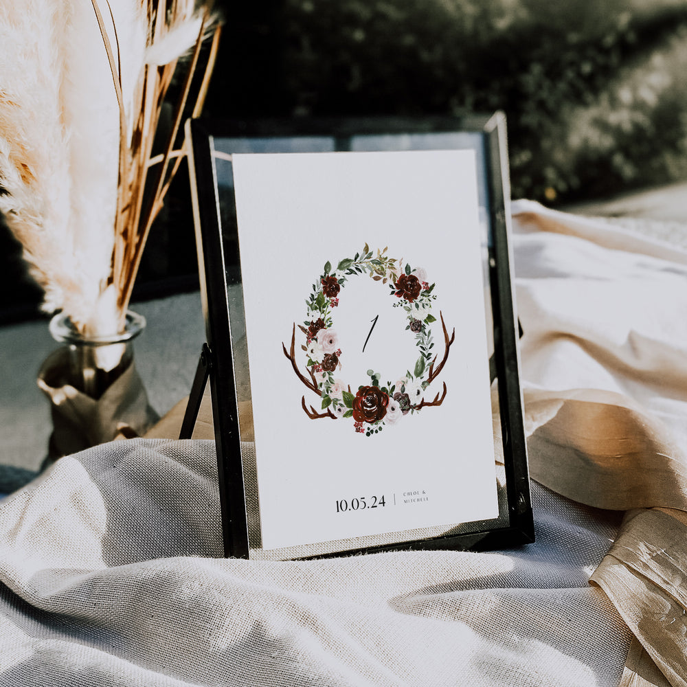 Boho Antlers Wedding Table Number Card - Epping Collection, Elle Bee Design